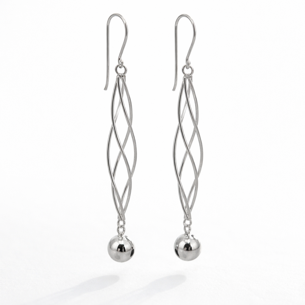Aros Largos Plata 925 Doble Espiral Con Esfera