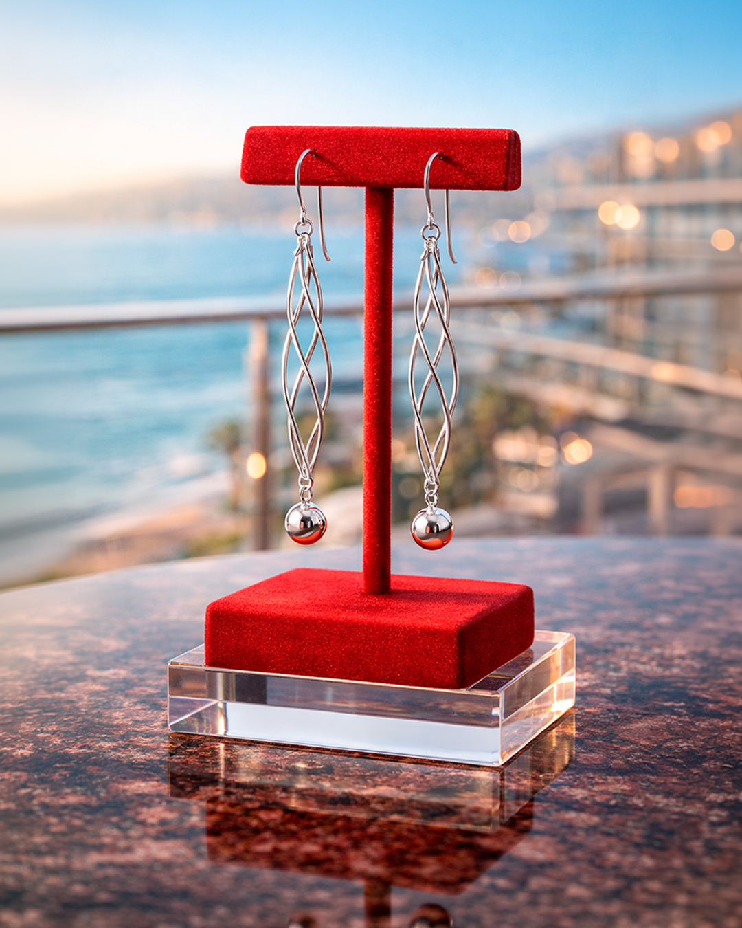 Aros Largos Plata 925 Doble Espiral Con Esfera