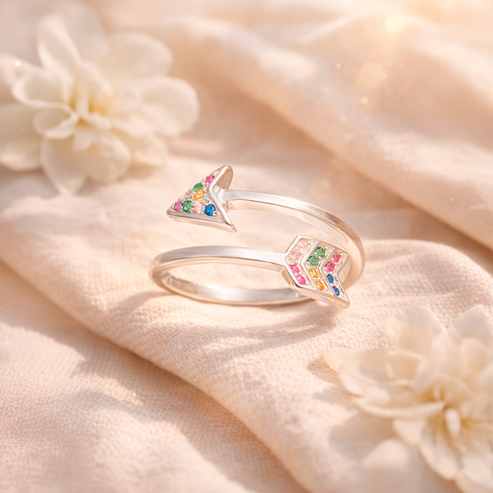 Anillo Ajustable Plata 925 Flecha Doble en Circones Multicolor Elegante Mujer