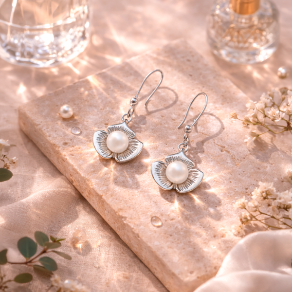 Aros Colgantes de Plata 925 Diseño Floral con Perla Elegante