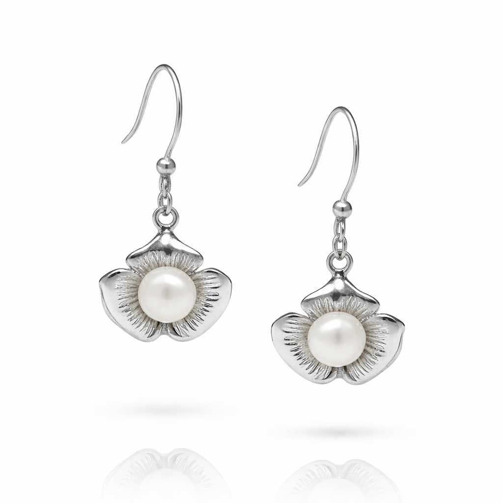 Aros Colgantes de Plata 925 Diseño Floral con Perla Elegante