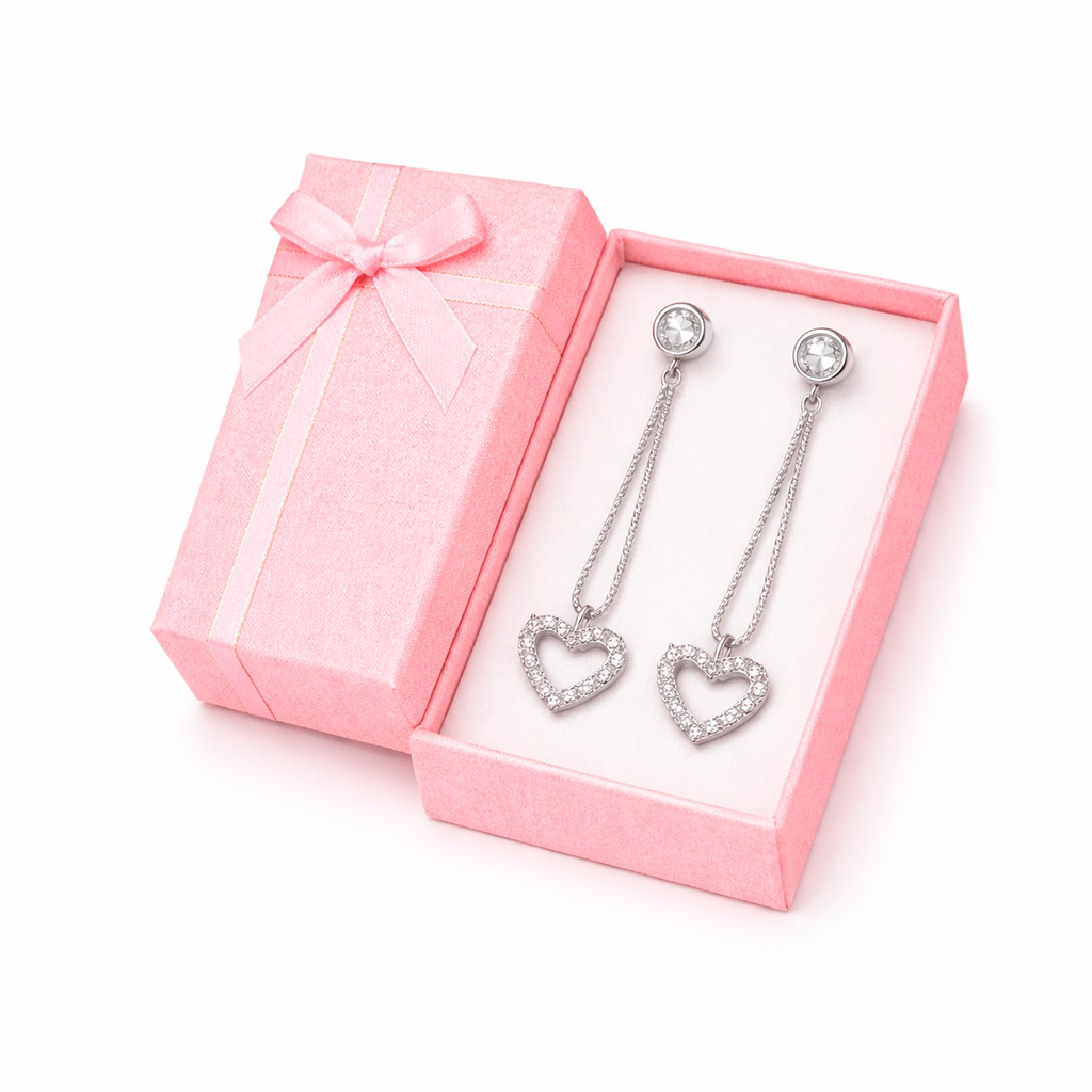 Aros Colgantes de Plata 925 Punto de Luz y Doble Cadena con Corazón Brillante Elegante