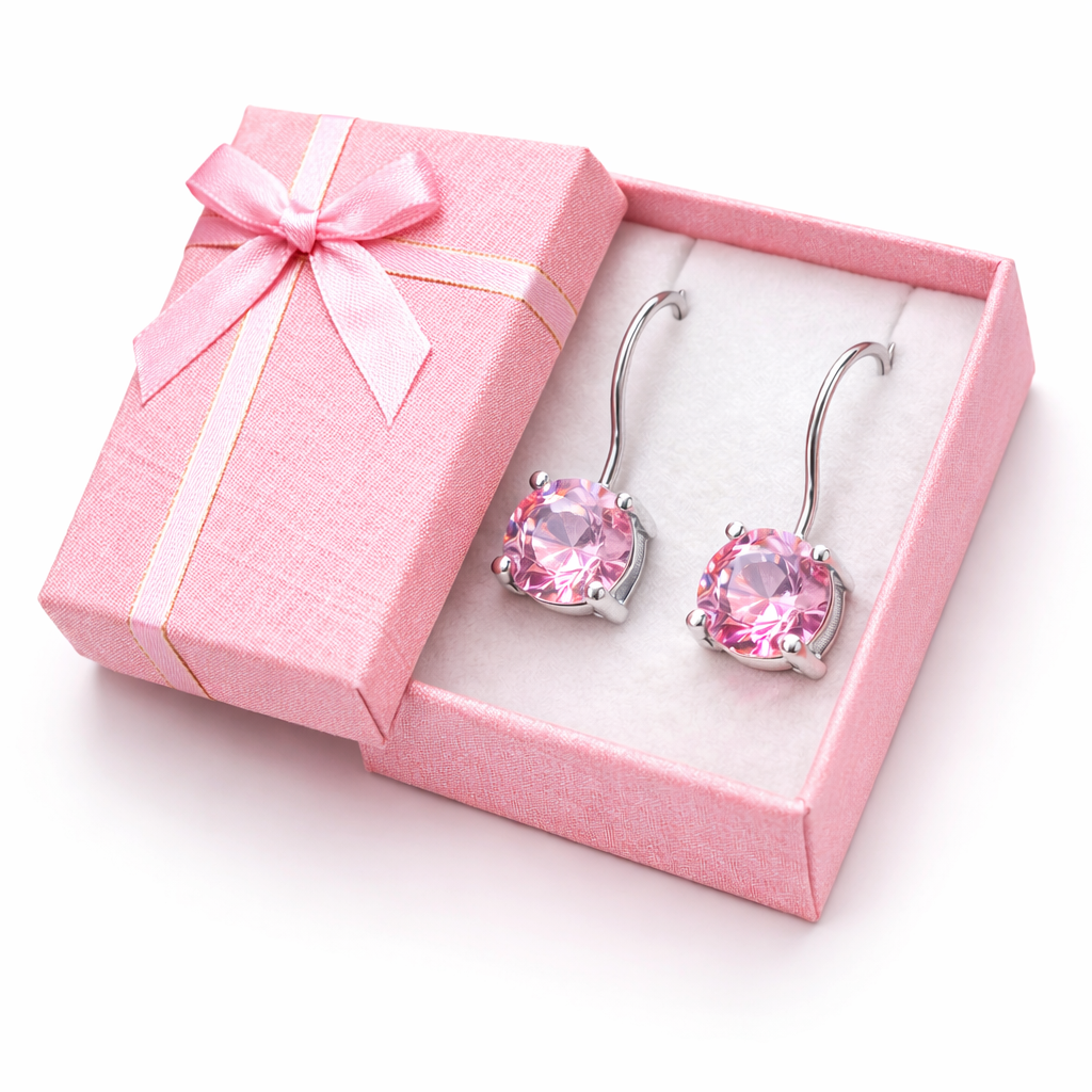 Aros Colgantes de Plata 925 con Cristal Swarovski Rosado y Cierre Fránces