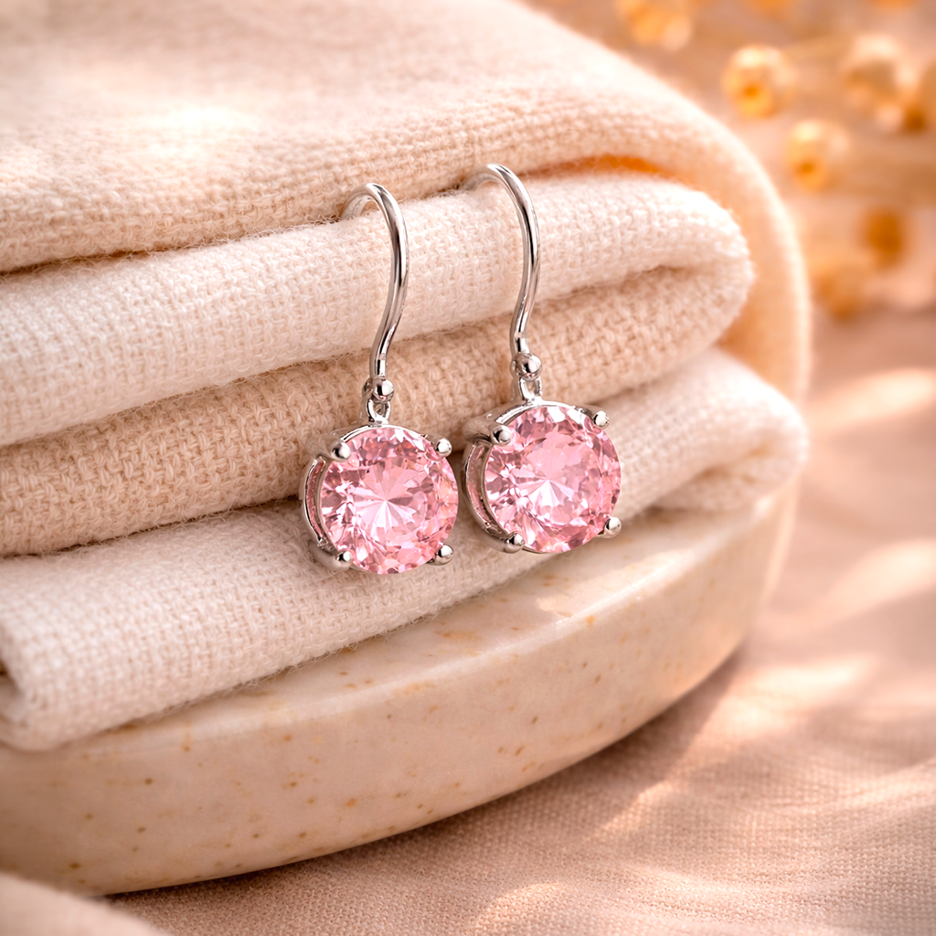 Aros Colgantes de Plata 925 con Cristal Swarovski Rosado y Cierre Fránces