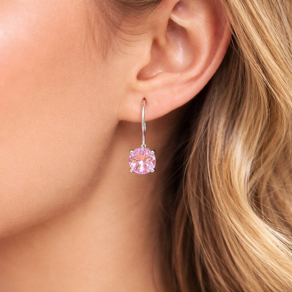Aros Colgantes de Plata 925 con Cristal Swarovski Rosado y Cierre Fránces