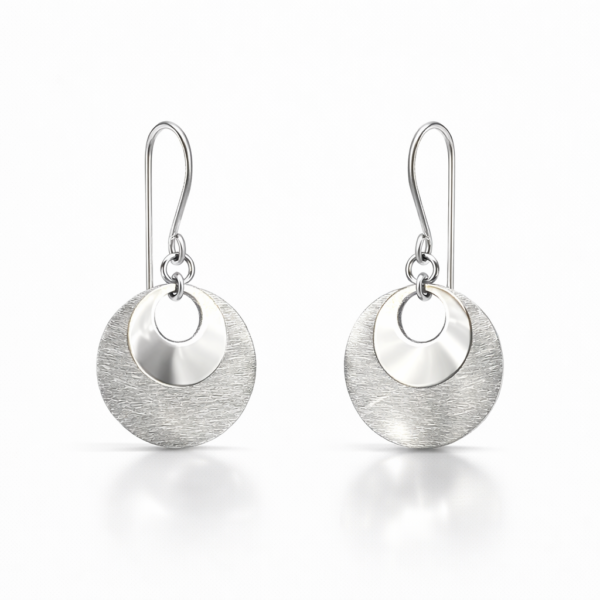 Aros Colgantes de Plata 925 para Mujer Diseño Doble Disco Texturizado y Pulido