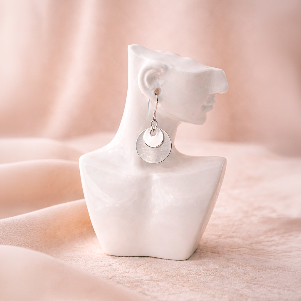 Aros Colgantes de Plata 925 para Mujer Diseño Doble Disco Texturizado y Pulido