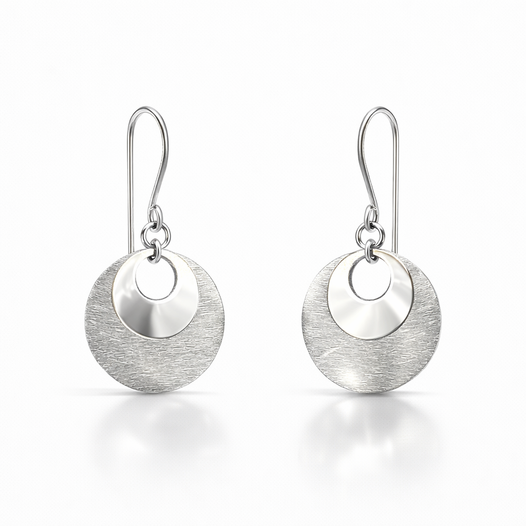 Aros Colgantes de Plata 925 para Mujer Diseño Doble Disco Texturizado y Pulido