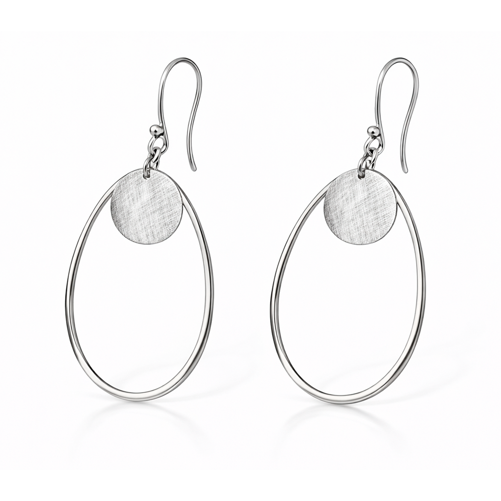 Aros de Plata 925 para Mujer Colgantes Ovalados con Disco Cepillado Elegante