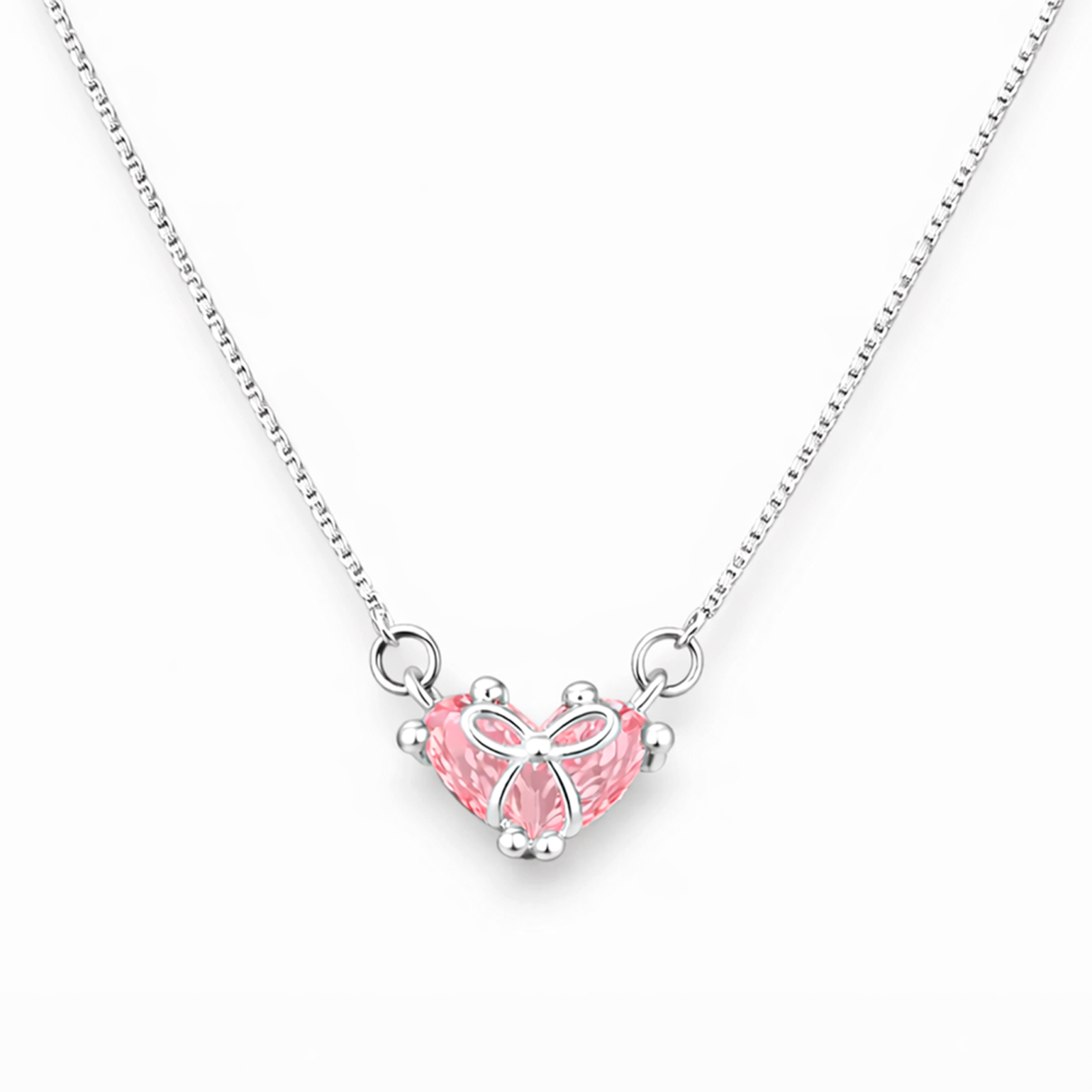 Collar Mujer Plata 925 Colgante Cristal Corazón Rosa Diseño Coquette Elegante