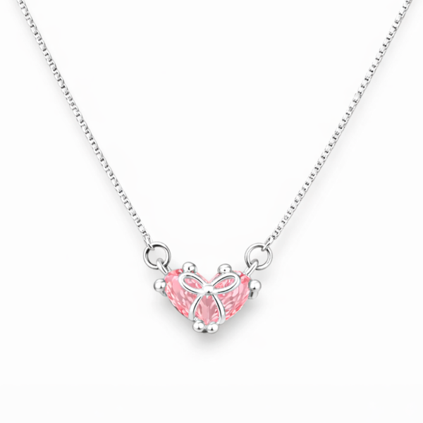 Collar Mujer Plata 925 Colgante Cristal Corazón Rosa Diseño Coquette Elegante
