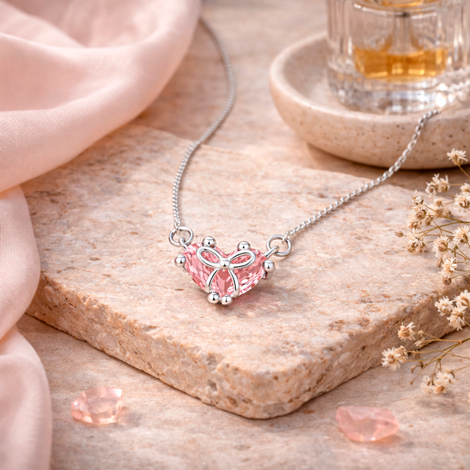 Collar Mujer Plata 925 Colgante Cristal Corazón Rosa Diseño Coquette Elegante