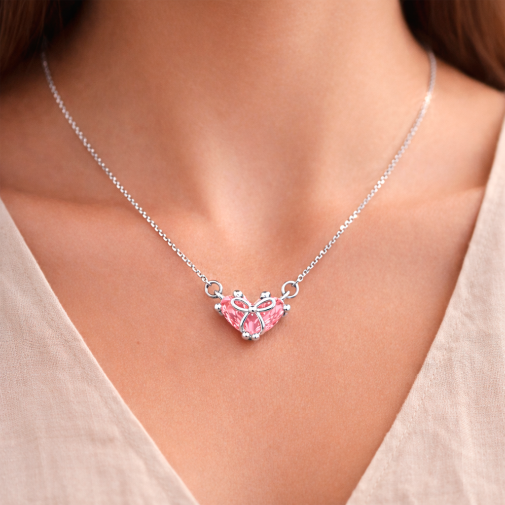 Collar Mujer Plata 925 Colgante Cristal Corazón Rosa Diseño Coquette Elegante