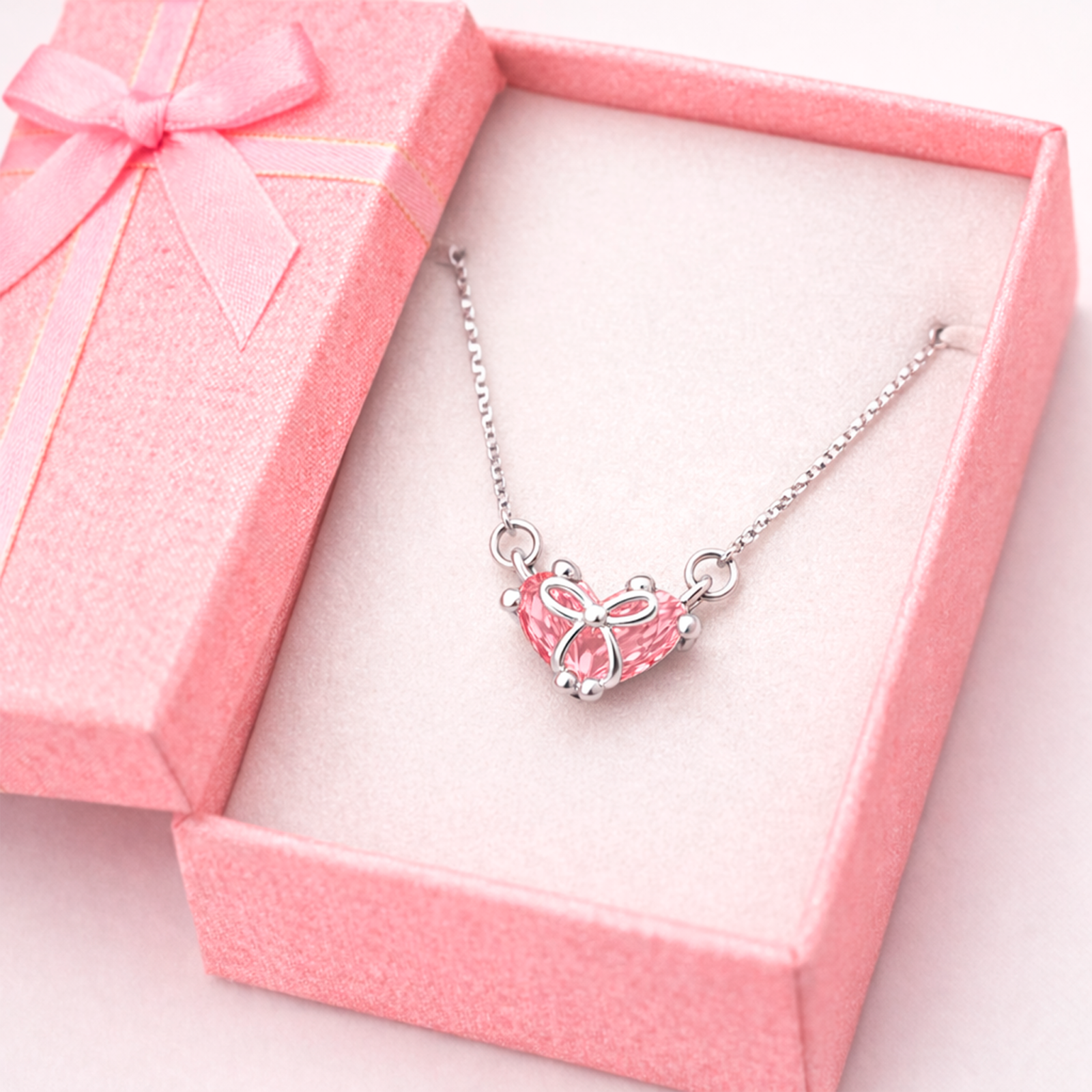 Collar Mujer Plata 925 Colgante Cristal Corazón Rosa Diseño Coquette Elegante