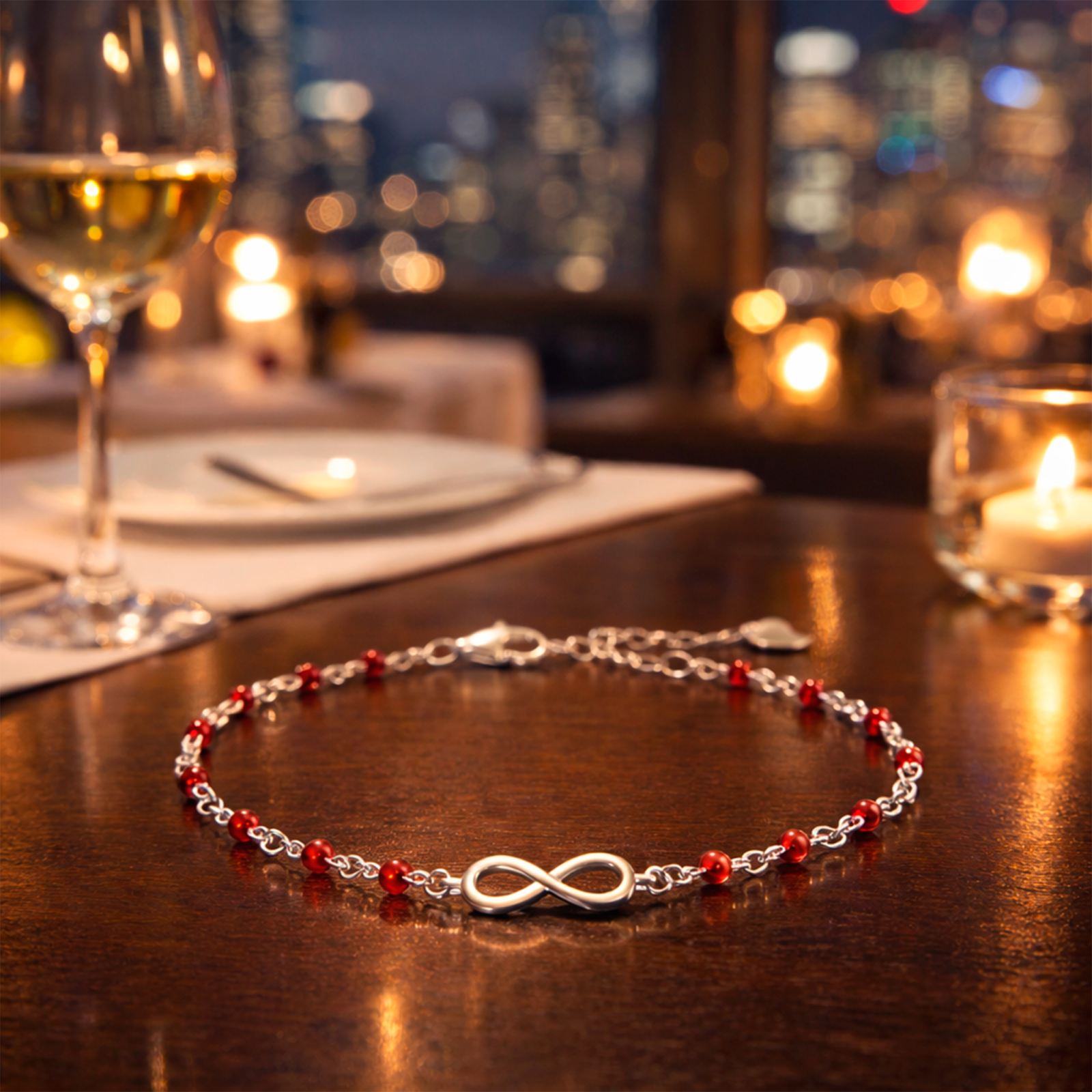 pulsera infinito plata 925 con piedras rojas estilo elegante