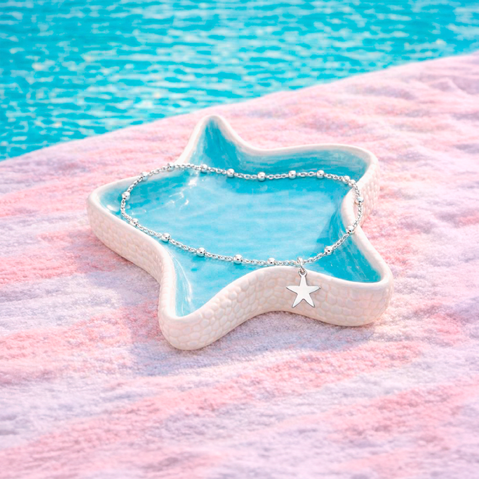 Tobillera Ajustable Plata 925 Diseño Esferas con Estrellas de Mar Summer Glow