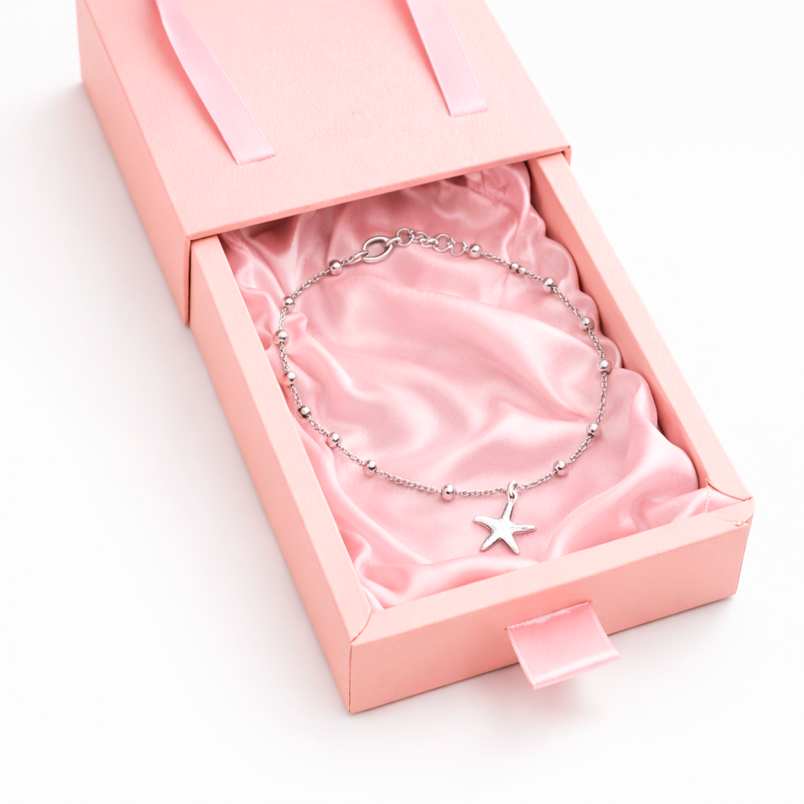 Tobillera Ajustable Plata 925 Diseño Esferas con Estrellas de Mar Summer Glow