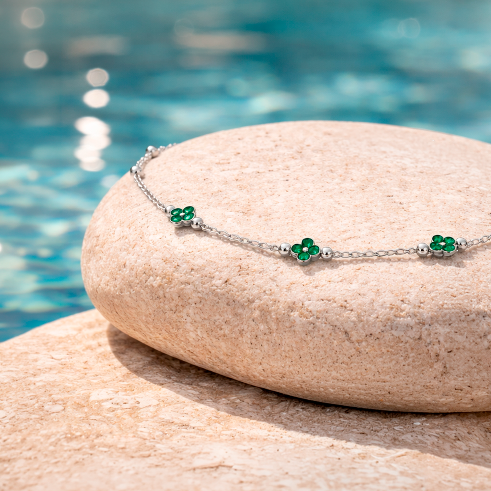 Tobillera de Plata 925 Trébol Verde Joya Delicada y Elegante para Regalo