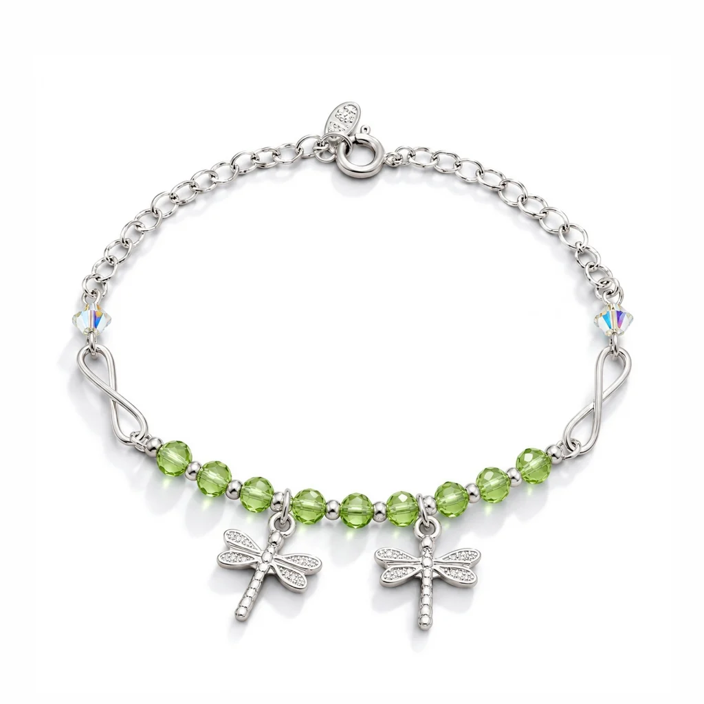 Pulsera Libélula Plata 925 ajustable con cristales verdes facetados, dos dijes de libélulas y detalles de infinito de Glow Secret.