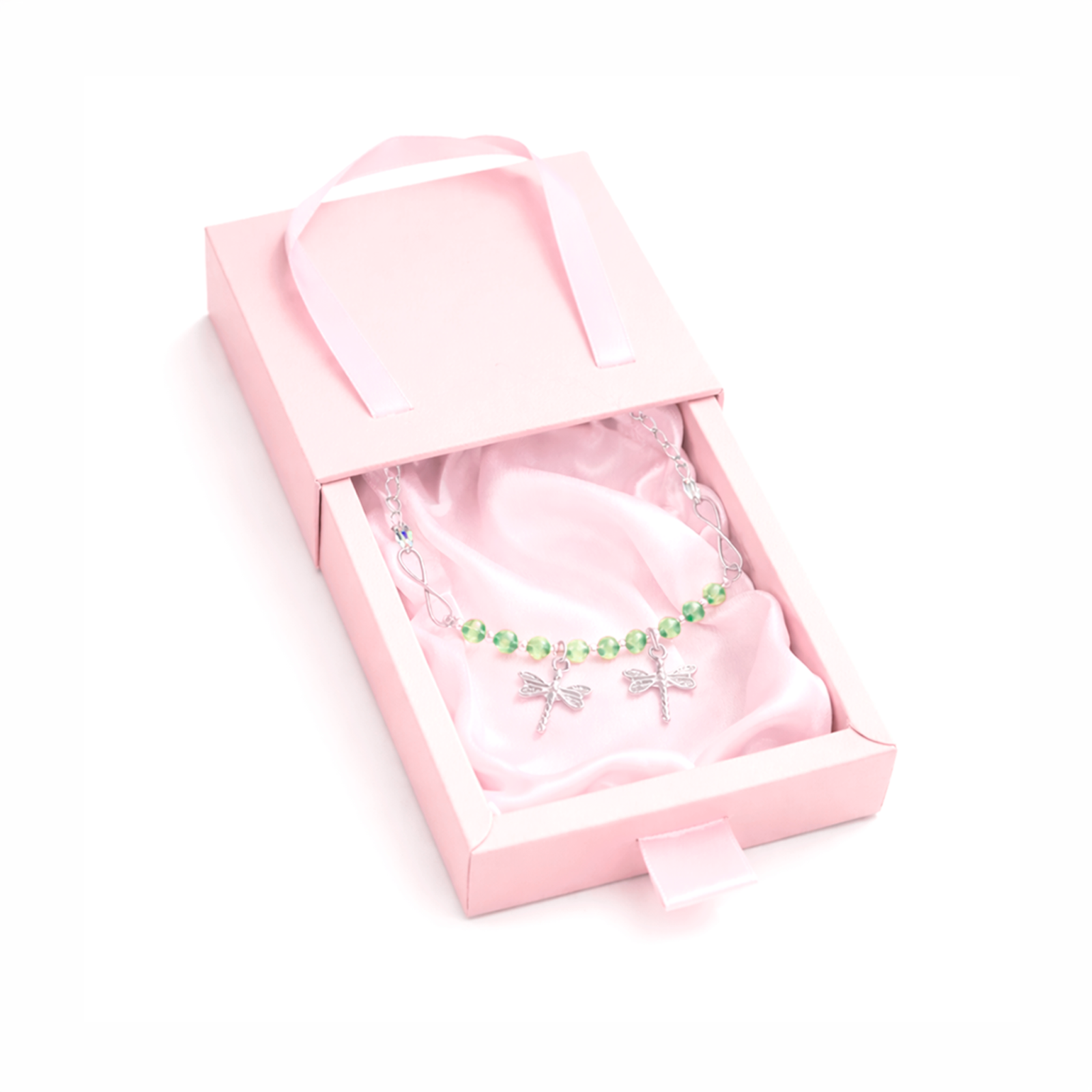 pulsera mujer plata 925 libélula cristales verdes en caja de regalo