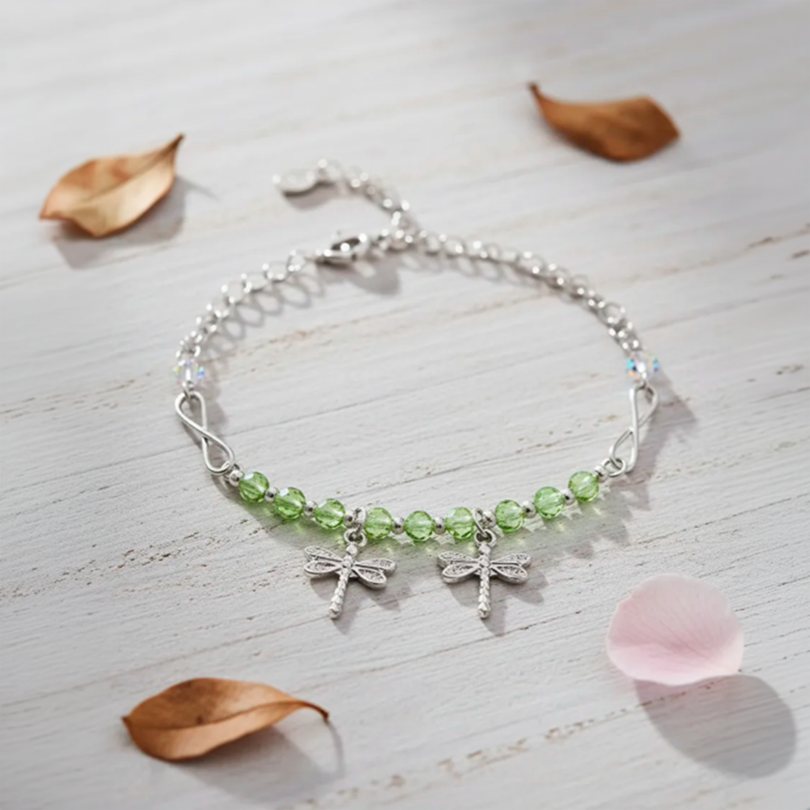 pulsera plata 925 libélula con cristales verdes diseño elegante