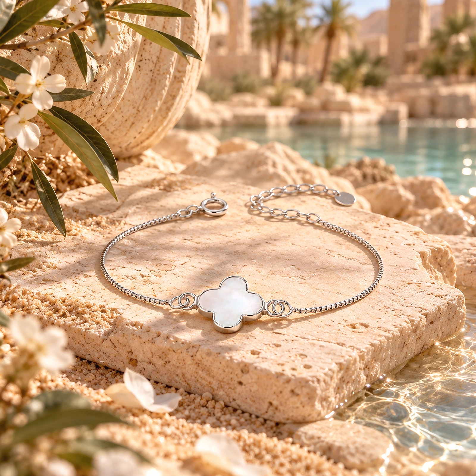 Pulsera Trébol de Nácar Plata 925 | Colección Trébol & Nácar Pulsera Trébol de Nácar en Plata 925 Ajustable de Glow Secret sobre piedra natural, con cadena veneciana y trébol blanco en un oasis mediterráneo.