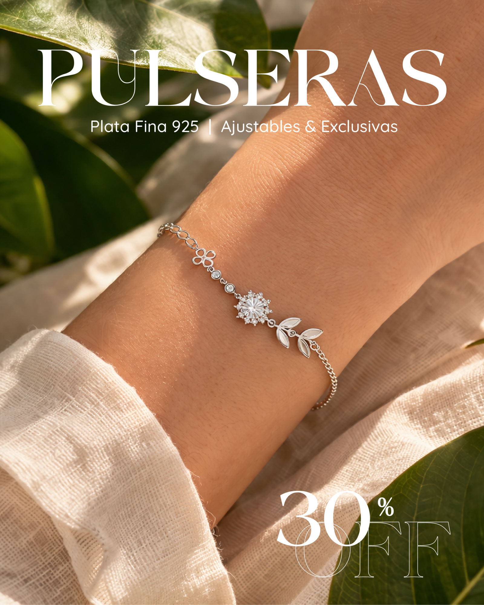 Pulsera Trébol Flor Plata 925 Ajustable para mujer con circonias brillantes Oferta