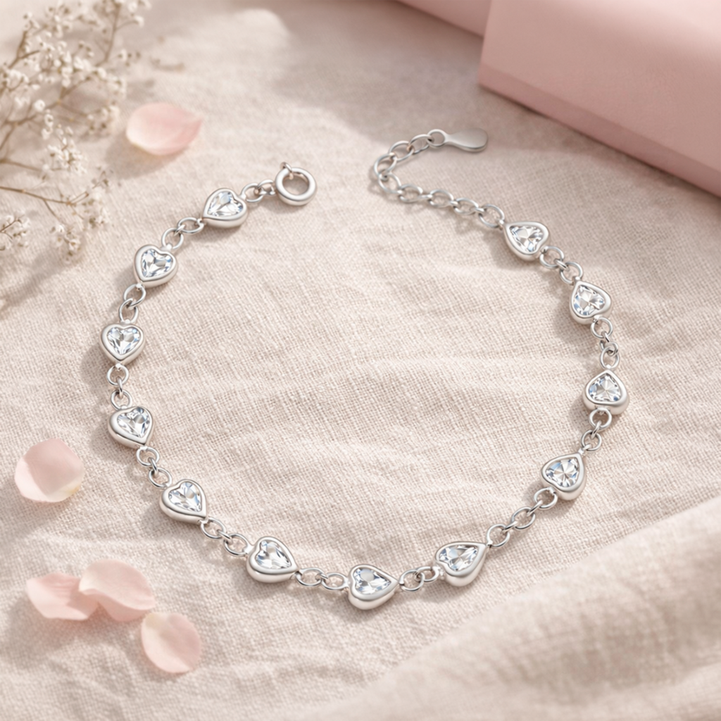pulsera-corazones-plata-925-mujer-estilo-regalo-lifestyle Pulsera Corazones Luz Plata 925 para mujer, estilo regalo elegante en escenario lifestyle