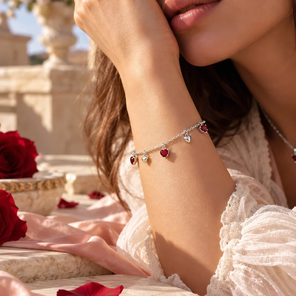 Mujer luciendo la Pulsera Corazones Rojos en plata 925 de Glow Secret, con cinco dijes de corazón, en una escena romántica con rosas rojas.