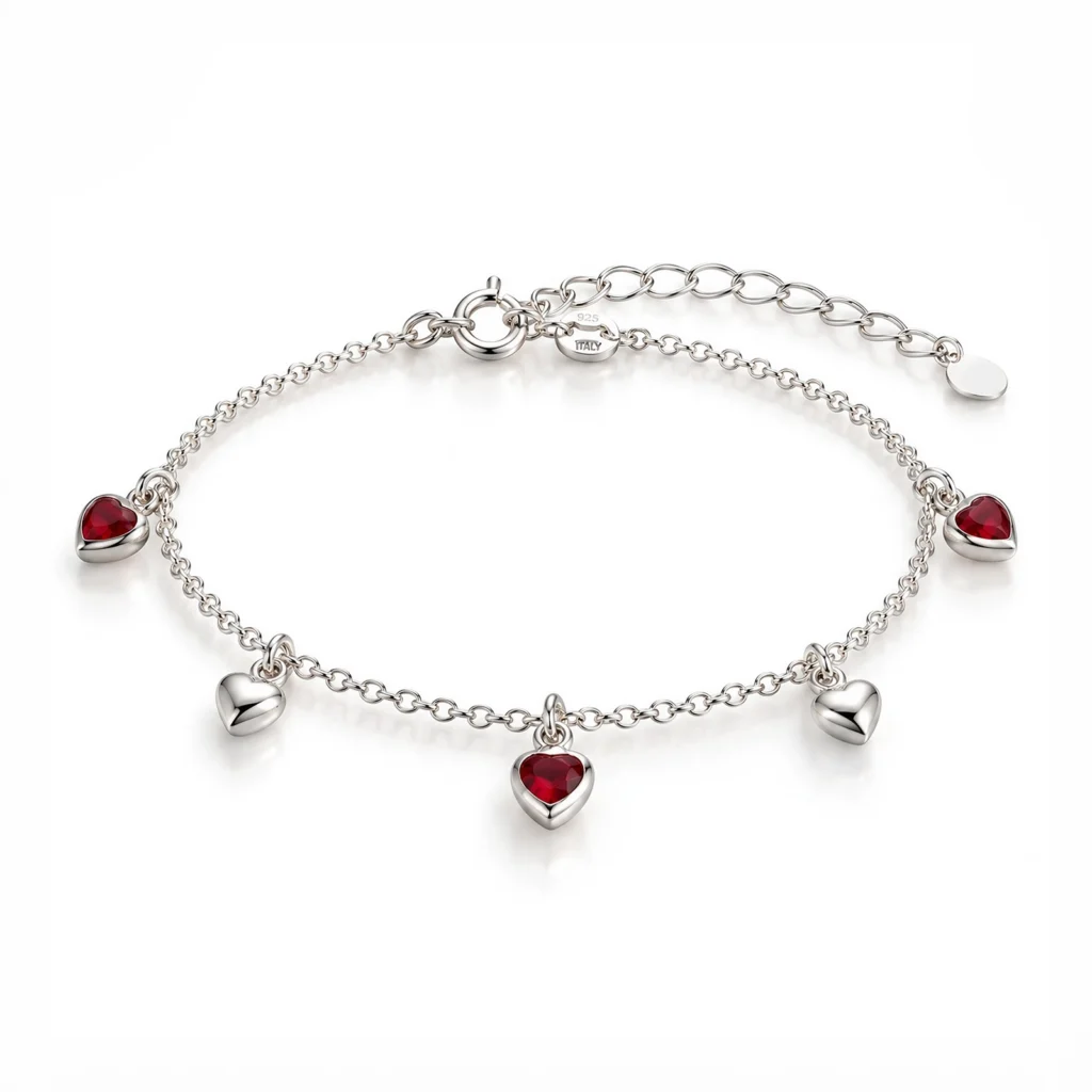 Pulsera Corazones Rojos Plata 925 | Glow Secret Pulsera Corazones Rojos en plata 925 con tres dijes de cristal rojo y dos corazones plateados de Glow Secret.