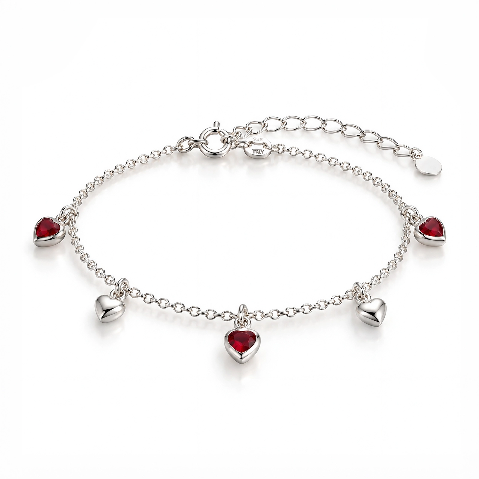Pulsera Corazones Rojos en plata 925 con tres dijes de cristal rojo y dos corazones plateados de Glow Secret.