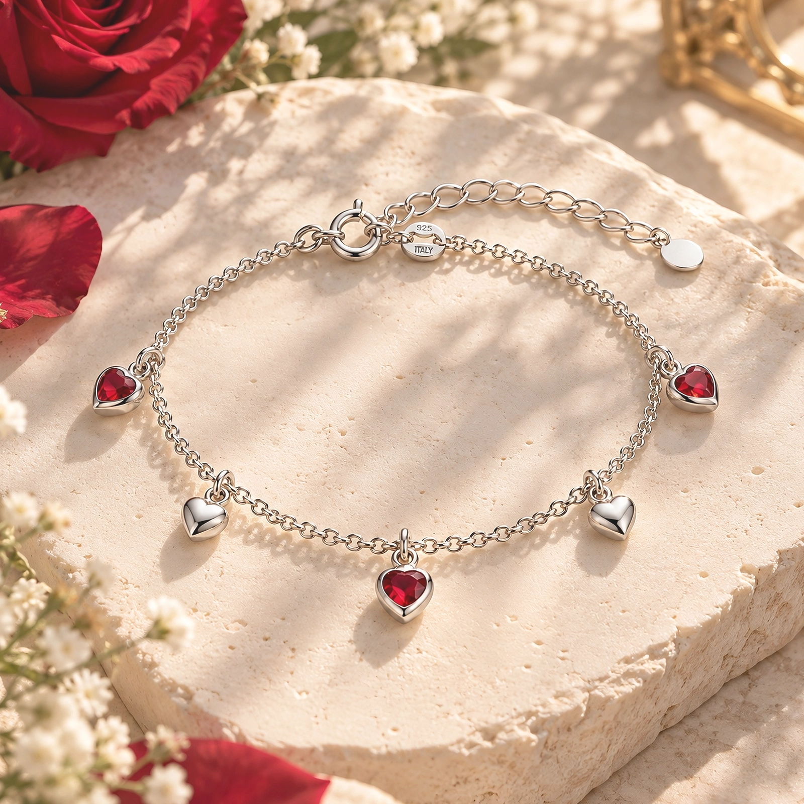 Pulsera Corazones Rojos de plata 925 con dijes de corazones rojos y plateados sobre piedra natural, colección LOVE de Glow Secret.