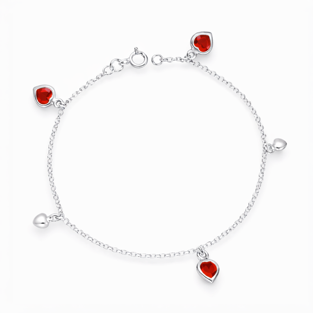 pulsera corazones rojos plata 925 con circones diseño ajustable mujer