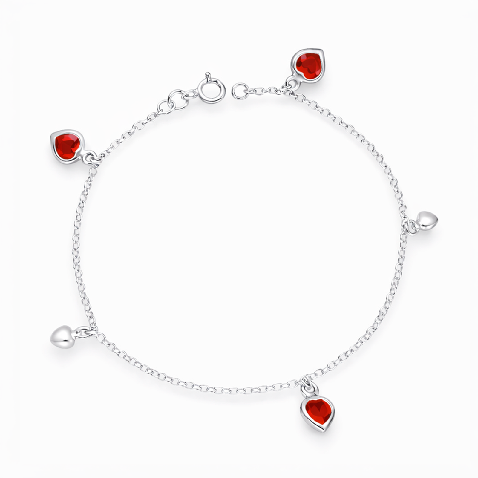 pulsera corazones rojos plata 925 con circones diseño ajustable mujer