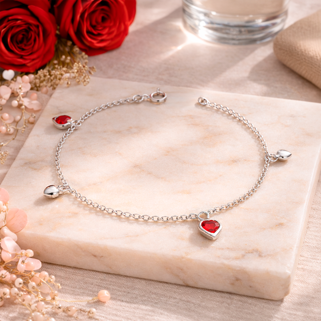 pulsera-corazones-rojos-plata-925-zircones-rojos-lifestyle-rosas pulsera corazones rojos plata 925 regalo romantico mujer joya elegante