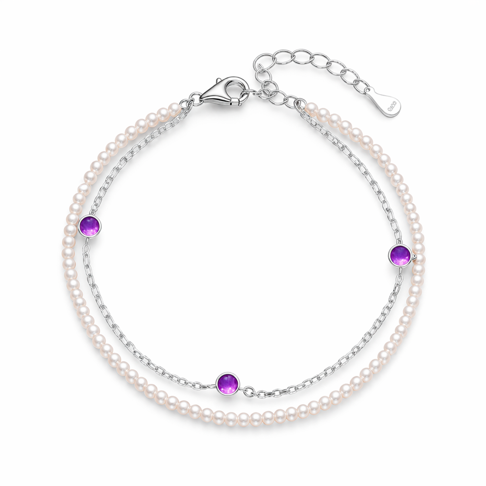 Pulsera Plata 925 Perlas Amatista diseño elegante Glow Secret