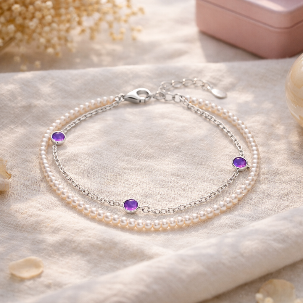 Pulsera Plata 925 Perlas Amatista en escena lifestyle regalo mujer elegante