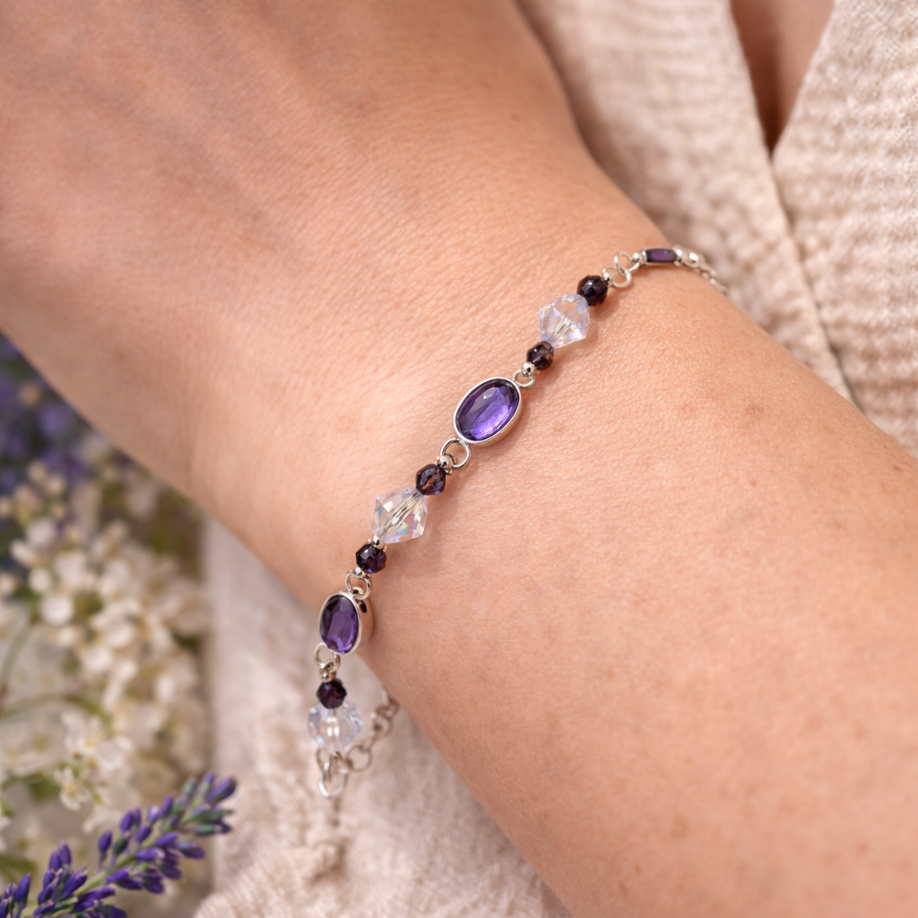 Pulsera plata fina 925 amatista mujer en muñeca diseño elegante