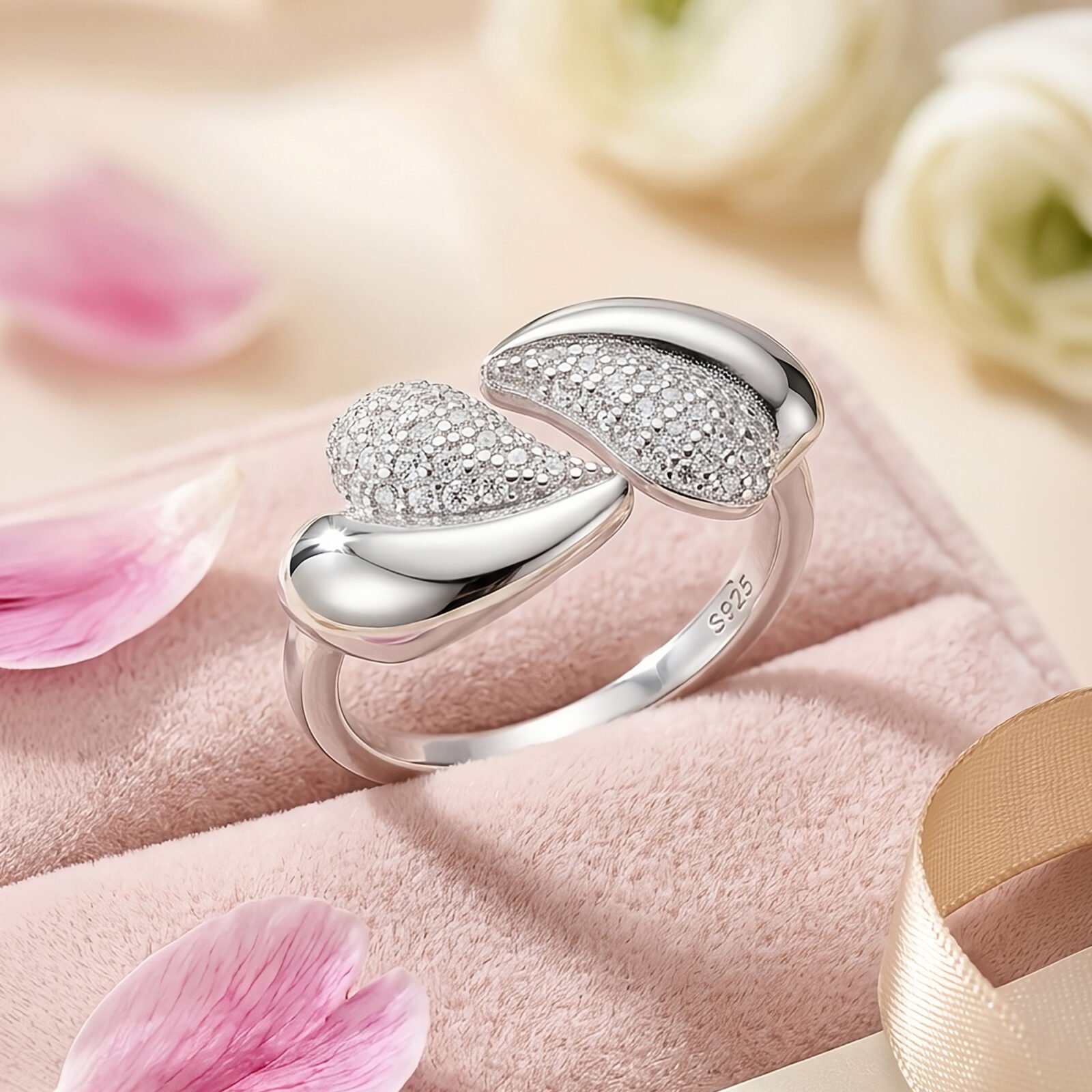 Anillo ajustable plata 925 mujer doble hoja con circon estilo chunky moderno sobre superficie elegante