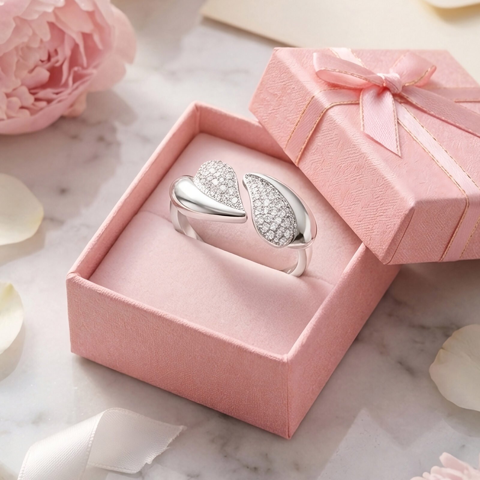 Anillo ajustable plata 925 mujer doble hoja con circon en caja de regalo rosada ideal para sorprender