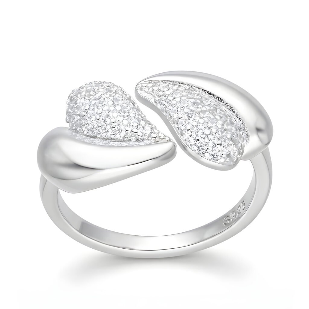 Anillo ajustable plata 925 mujer doble hoja con circon brillante diseño elegante minimalista