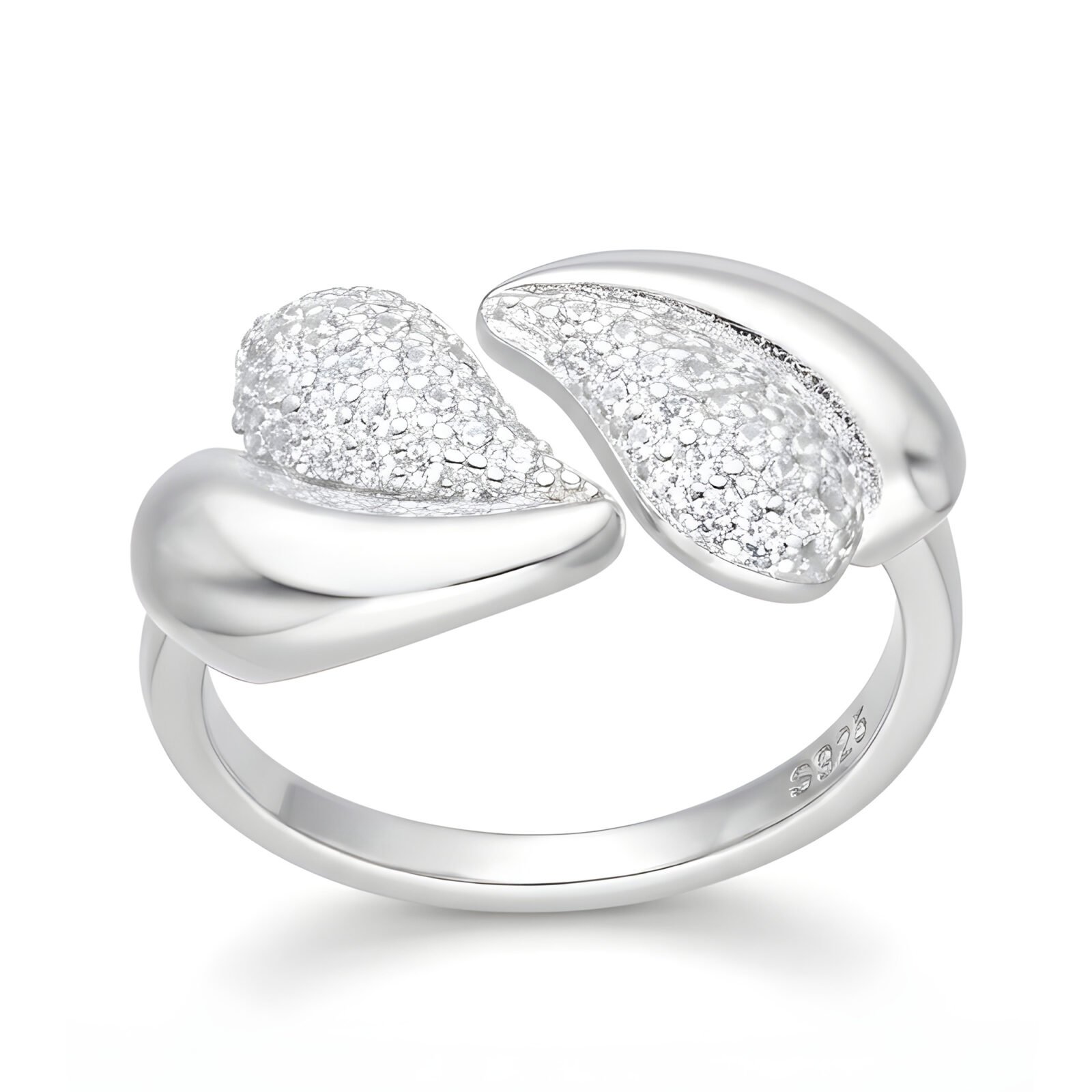 Anillo ajustable plata 925 mujer doble hoja con circon brillante diseño elegante minimalista