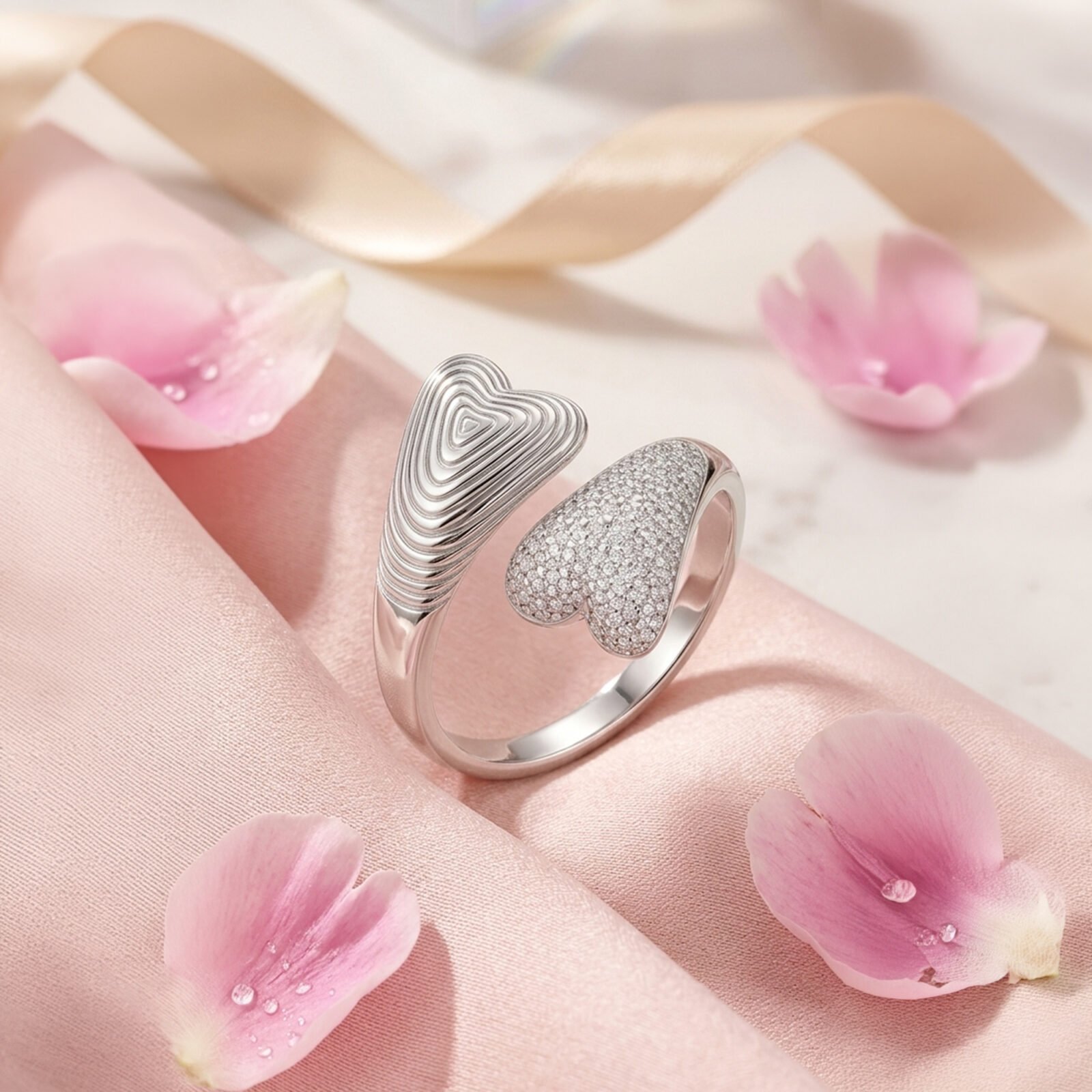 anillo-doble-corazon-brillante-lifestyle Anillo Doble Corazón Brillante en composición lifestyle con flores rosadas