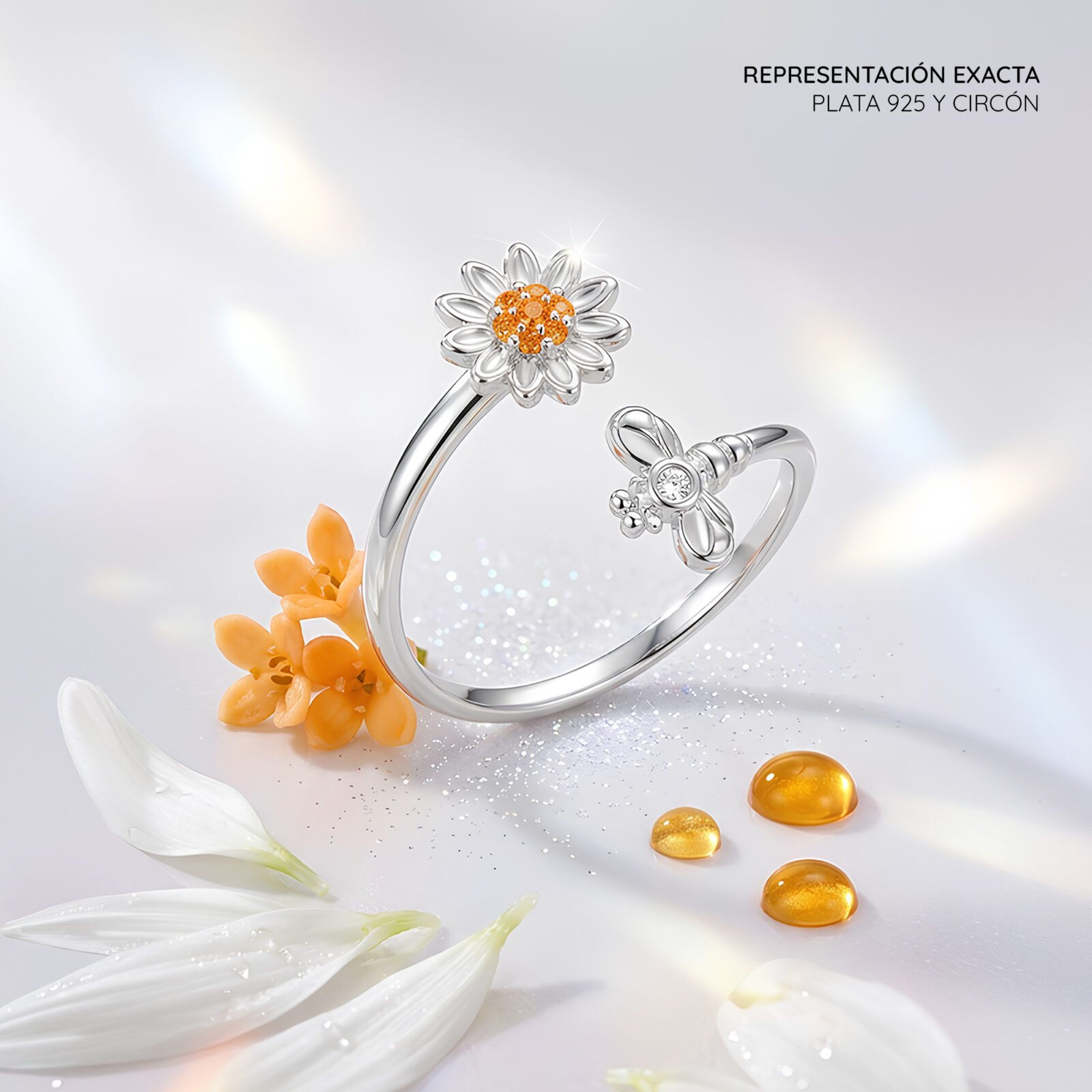 Anillo Girasol en Plata 925 con circon naranja en composición floral elegante