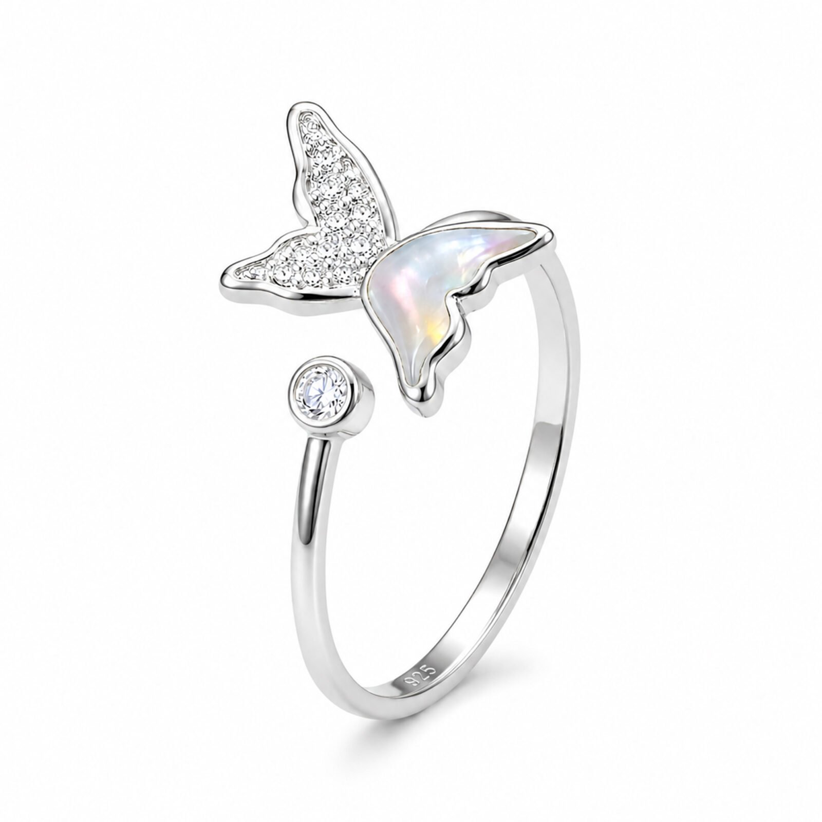 Anillo Mariposa Tornasol Ajustable en plata 925 con efecto iridiscente y circón en fondo blanco