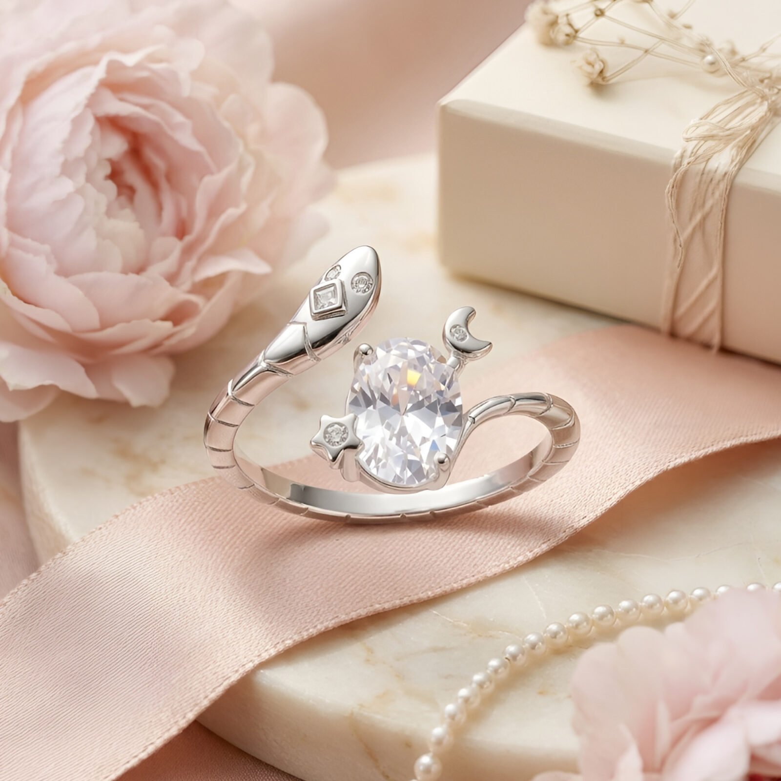 Anillo Serpiente Luna y Estrella en plata 925 con caja de regalo elegante y decoración floral estilo lifestyle