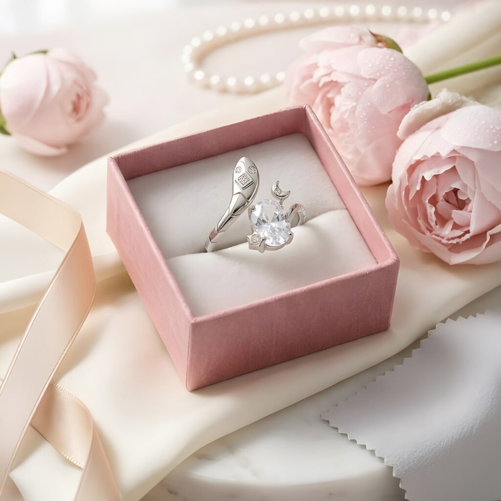 Anillo Serpiente Luna y Estrella de plata 925 en caja de joyería rosa estilo regalo elegante