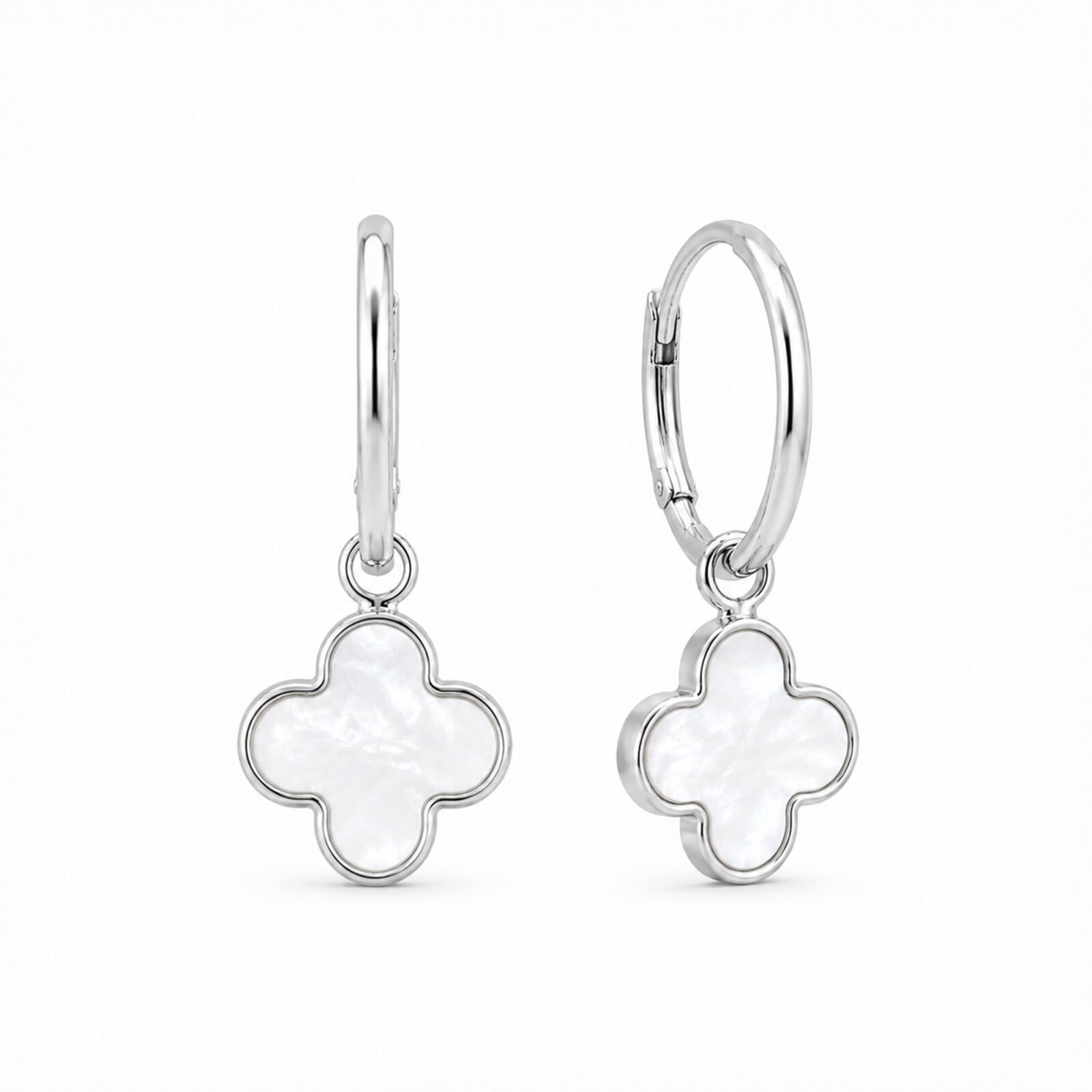 Aros Trébol Nácar Plata 925 para mujer con diseño colgante elegante y acabado brillante en plata fina 925