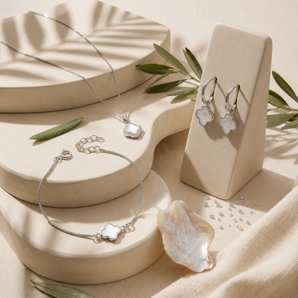 Colección Trébol Nácar Plata 925 de Glow Secret con aros, collar y pulsera sobre composición beige minimalista con iluminación natural y estética premium.