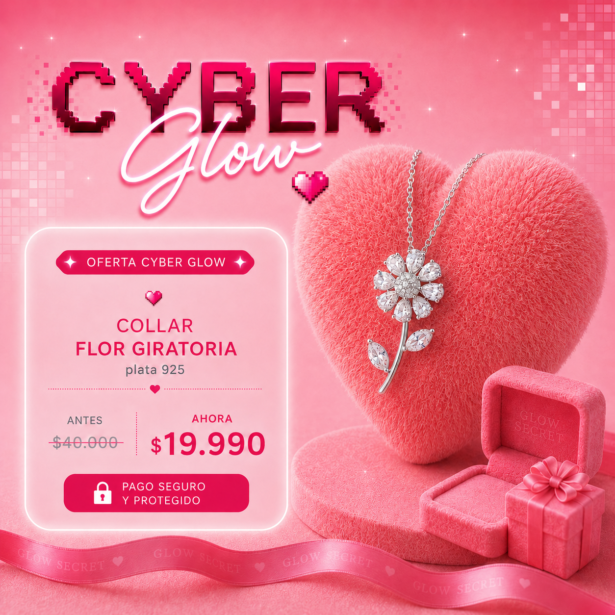 collar-flor-giratoria-plata-925-cyber-glow-oferta Collar Flor Giratoria Plata 925 en oferta Cyber Glow con diseño elegante sobre corazón rosa y presentación de lujo estilo cute premium